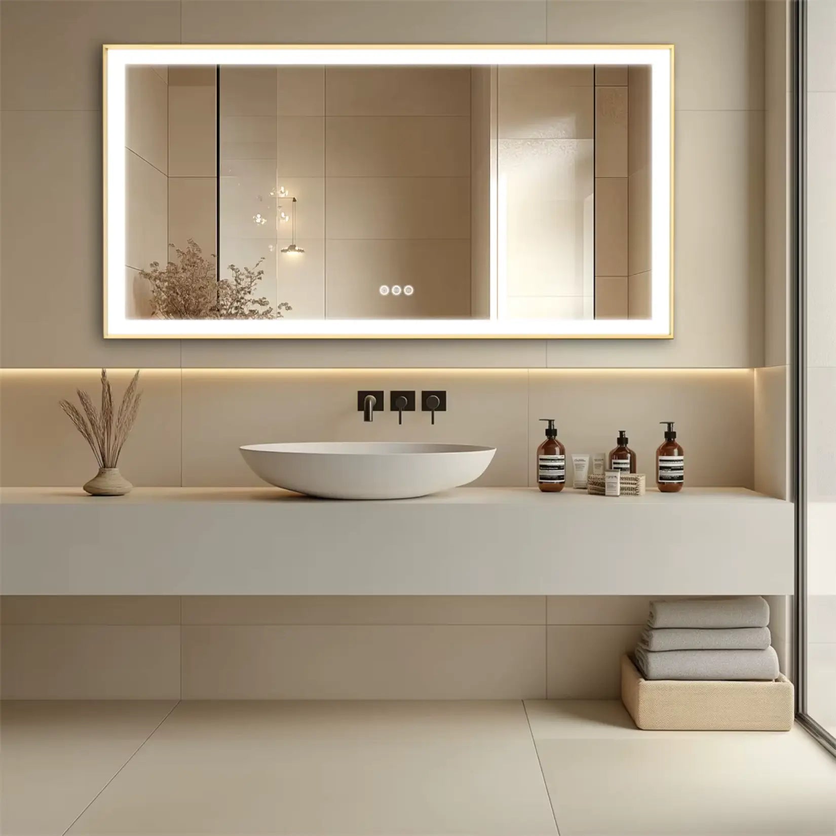 Miroir Petite Salle de Bain 80x60 fixé au mur avec éclairage LED et cadre doré.