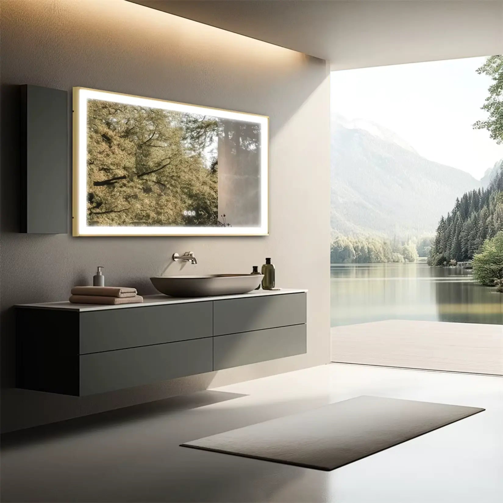 Miroir Petite Salle de Bain 80x60 doré avec vue dégagée sur un lac.
