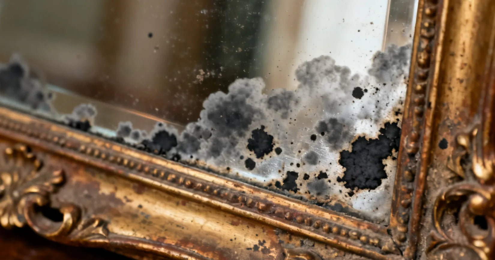 Blinder Spiegel: schwarze Oxidationsflecken der Spiegelschicht am Rand eines antiken Spiegels