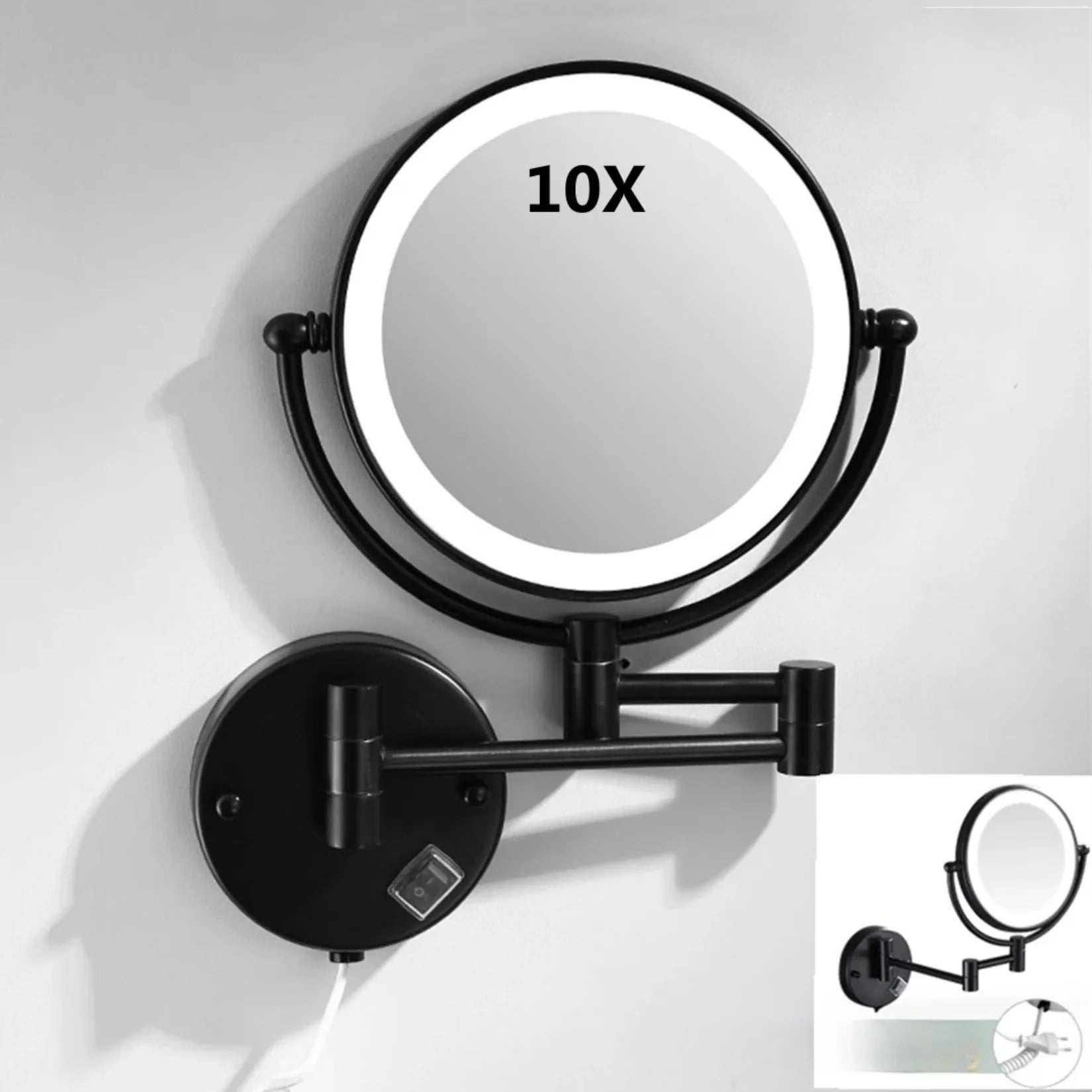 Miroir Pivotant Mural LED Noir Grossissement x10.