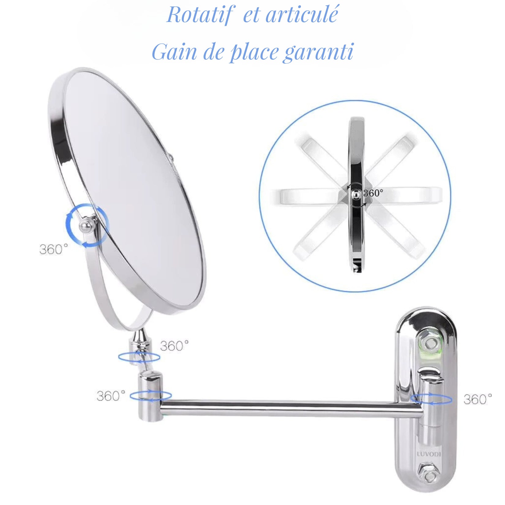 Miroir pliable et rotatif avec bras articulé, pratique et gain de place.