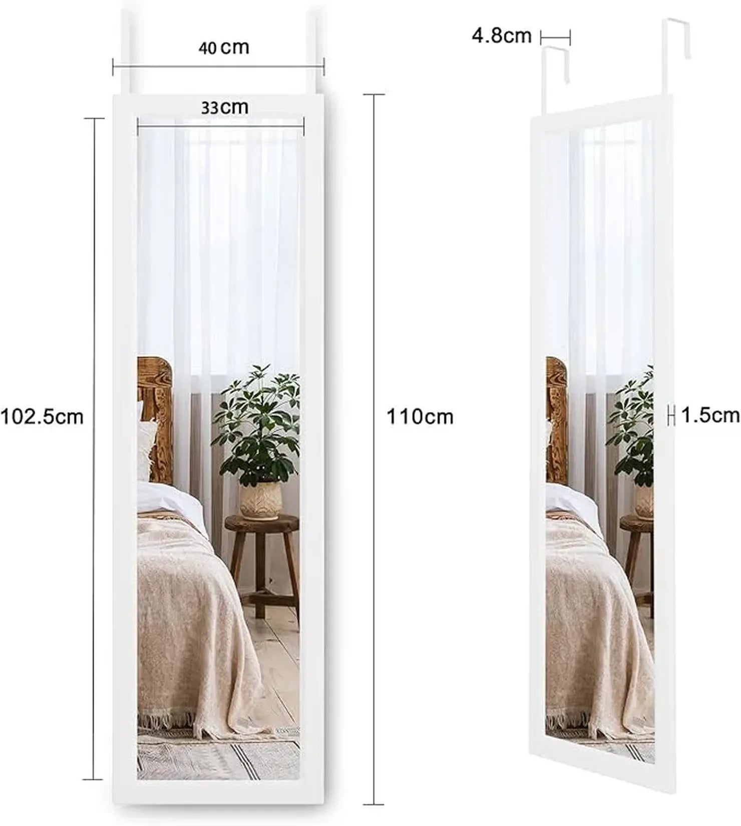 Miroir porte blanc 110x40 cm dimensions détaillées crochets.