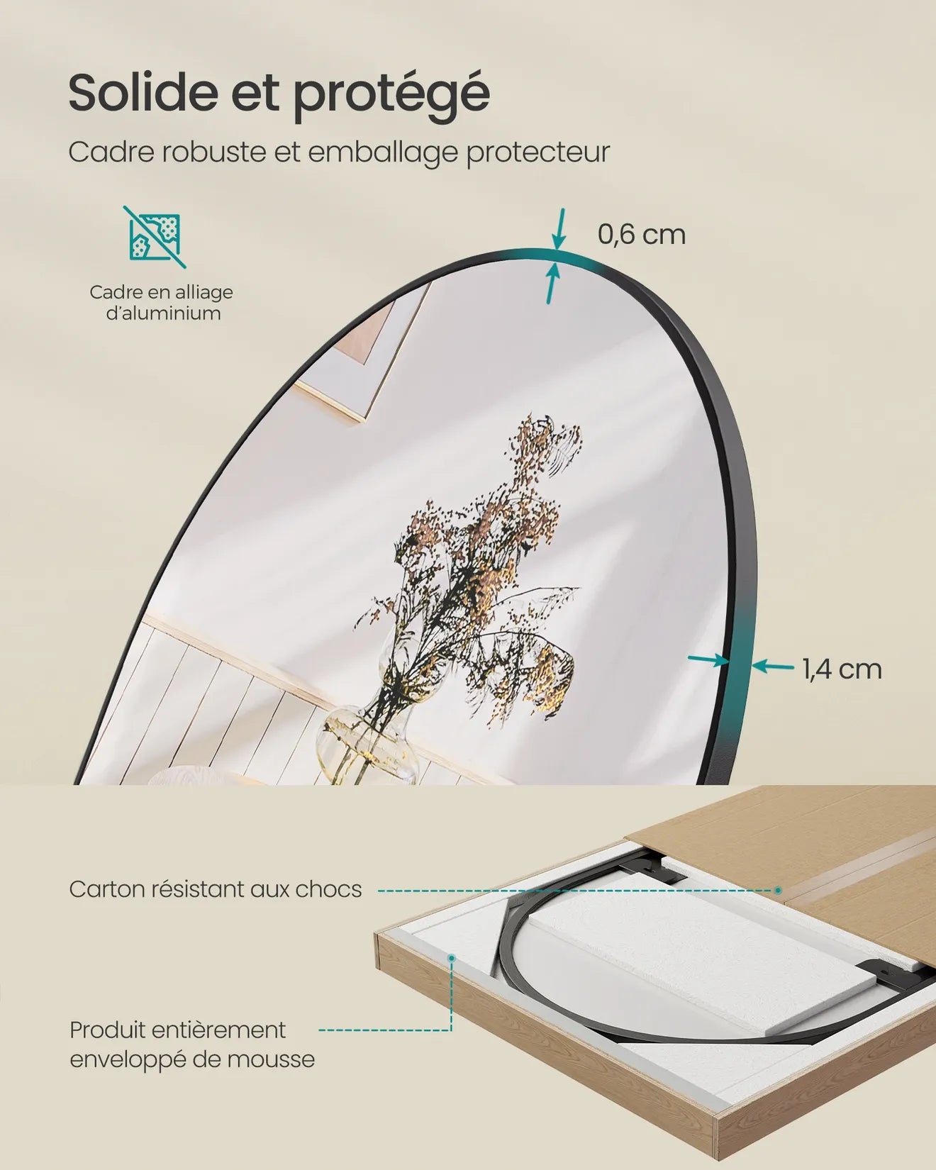 Détail cadre aluminium noir 0,6 cm miroir de porte arqué solide et protégé.