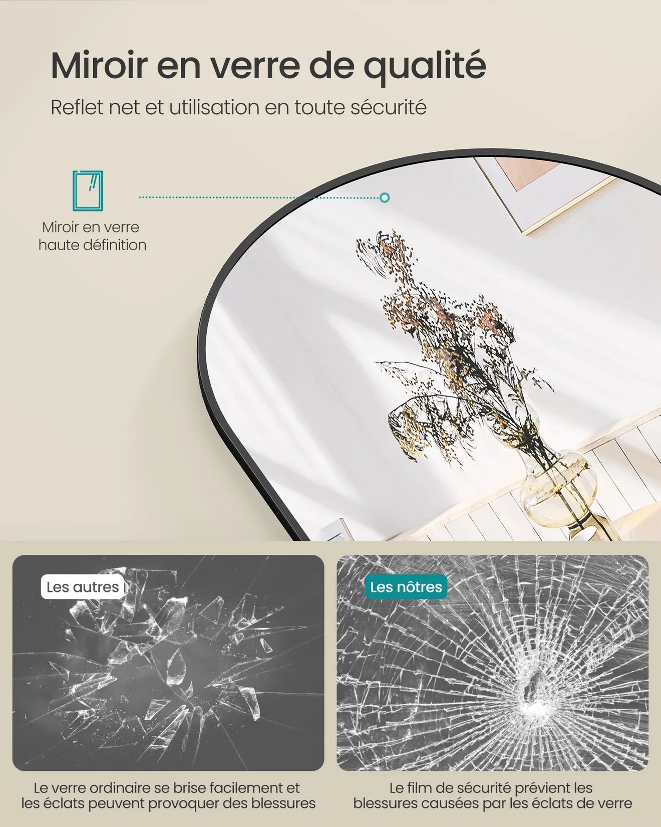 Miroir de porte verre trempé film sécurité anti-éclats cadre noir arqué.