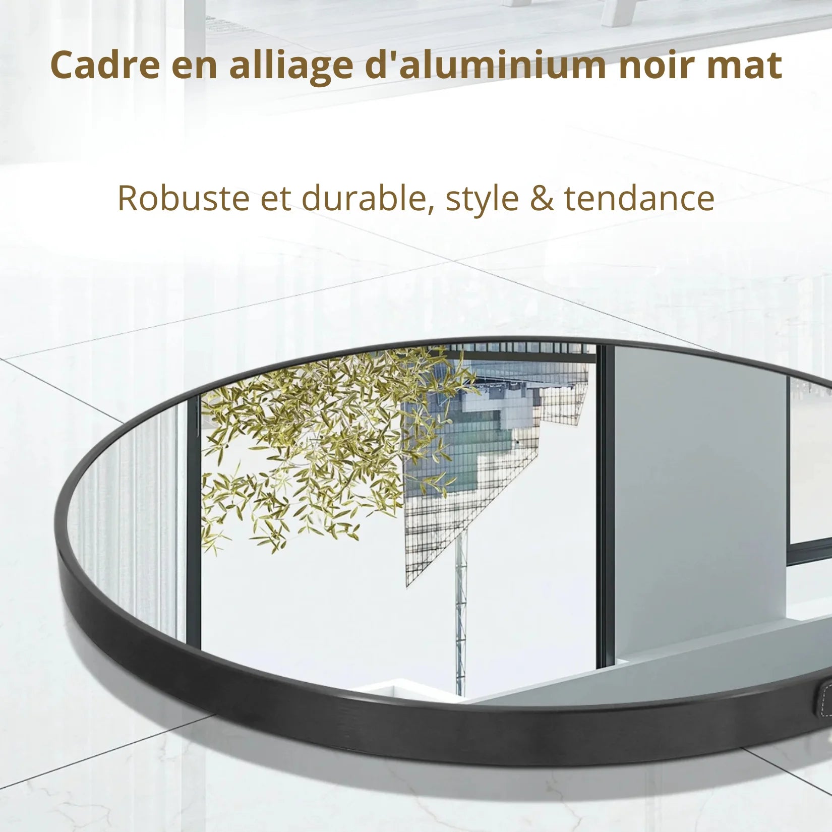 Cadre aluminium noir mat pour miroir d'entrée.