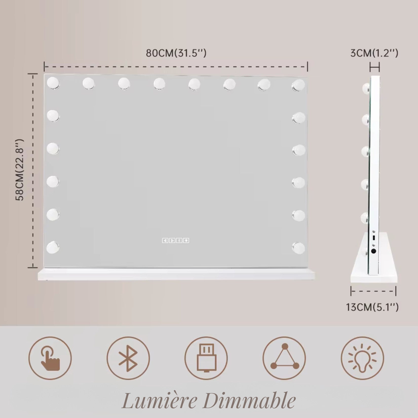 Lumière Chaude - Créez une ambiance chaleureuse pour un maquillage élégant avec ce miroir professionnel.