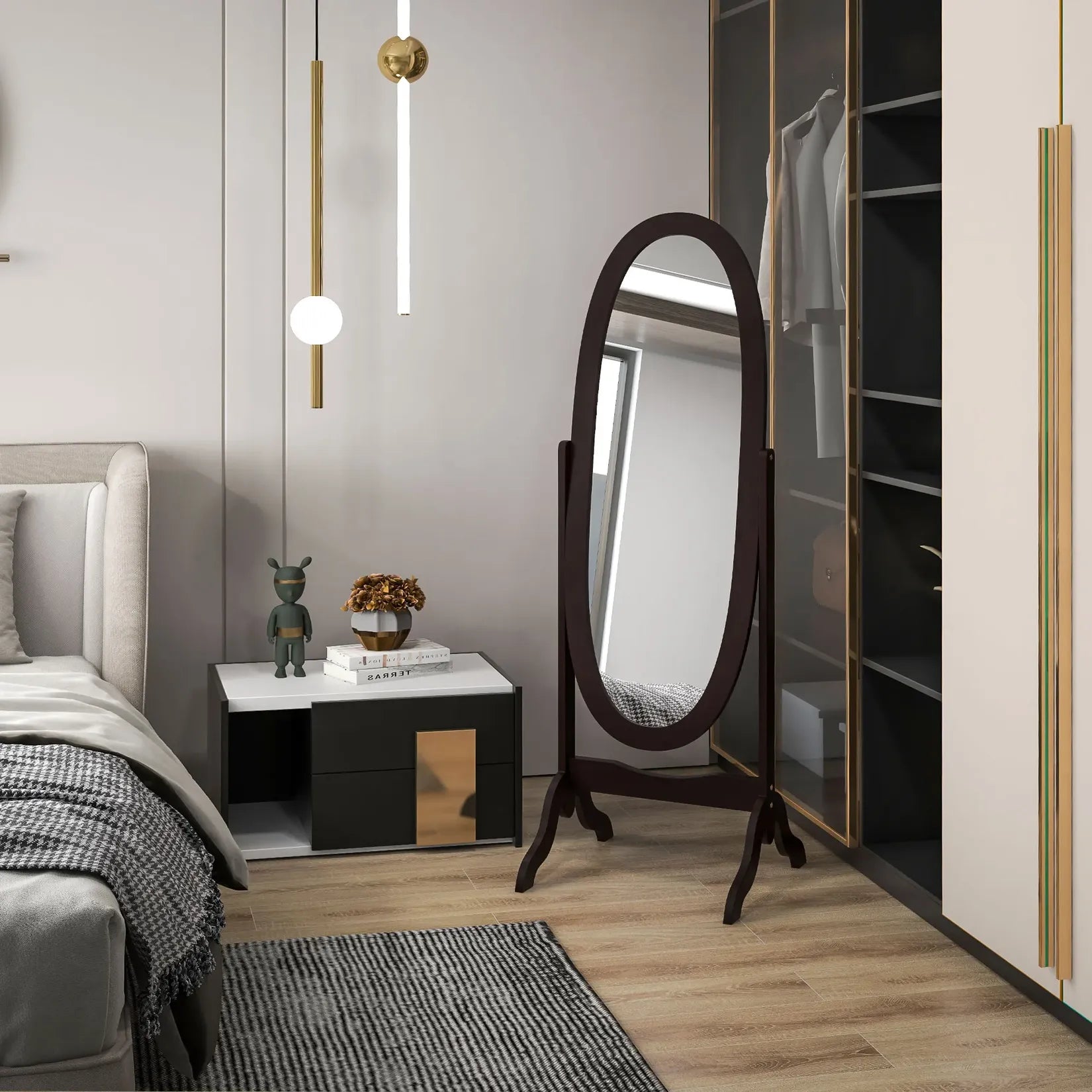 Miroir Psyché Bois Ovale ÉLÉGANCE café dans chambre moderne à côté table de nuit.