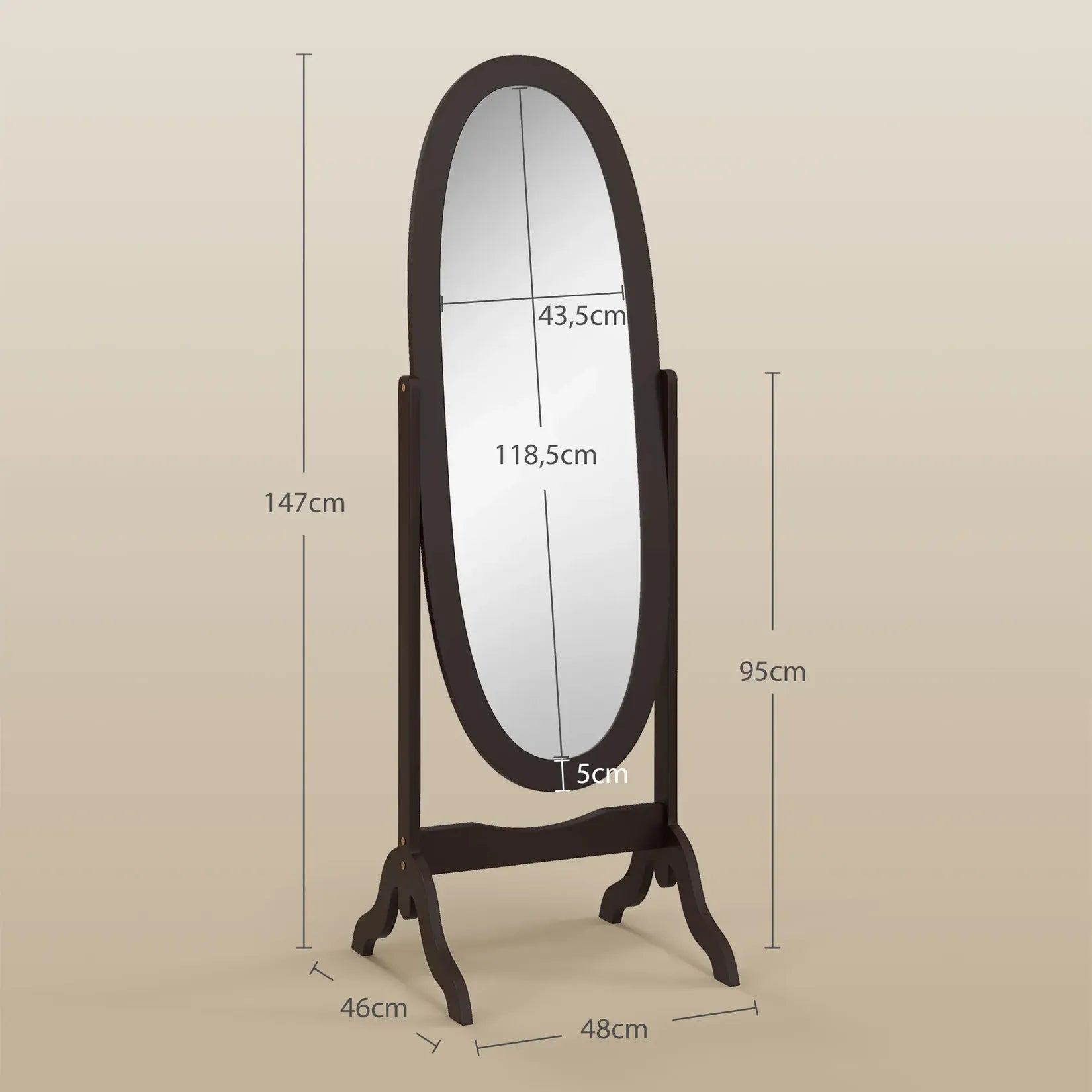 Miroir Psyché Bois ÉLÉGANCE – dimensions 48x46x147 cm, miroir 43,5x118,5 cm.