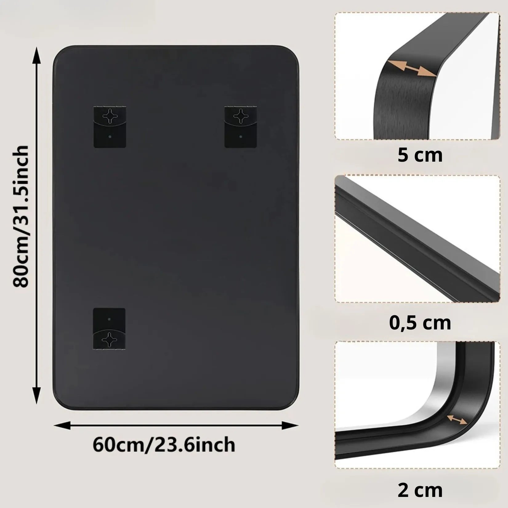 Miroir rectangulaire 60x80 cm – système de fixation murale 3 points, détails cadre.