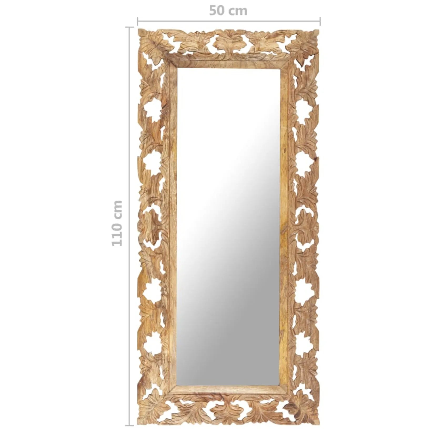 Miroir en bois massif sculpté à la main, vue de face complète avec son encadrement décoratif.