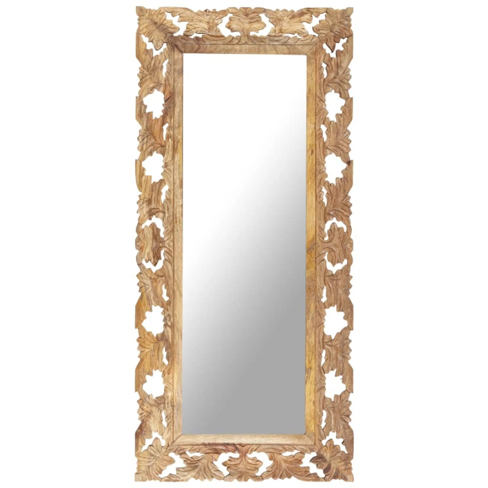 Miroir en bois massif sculpté à la main, vue de face complète avec son encadrement décoratif.