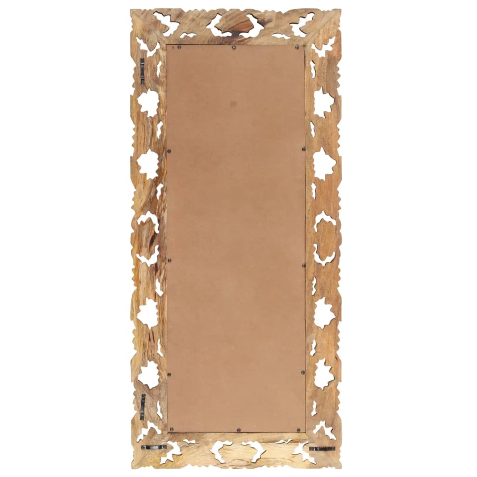 Vue arrière du miroir rectangulaire en bois sculpté à la main, mettant en évidence sa structure robuste.