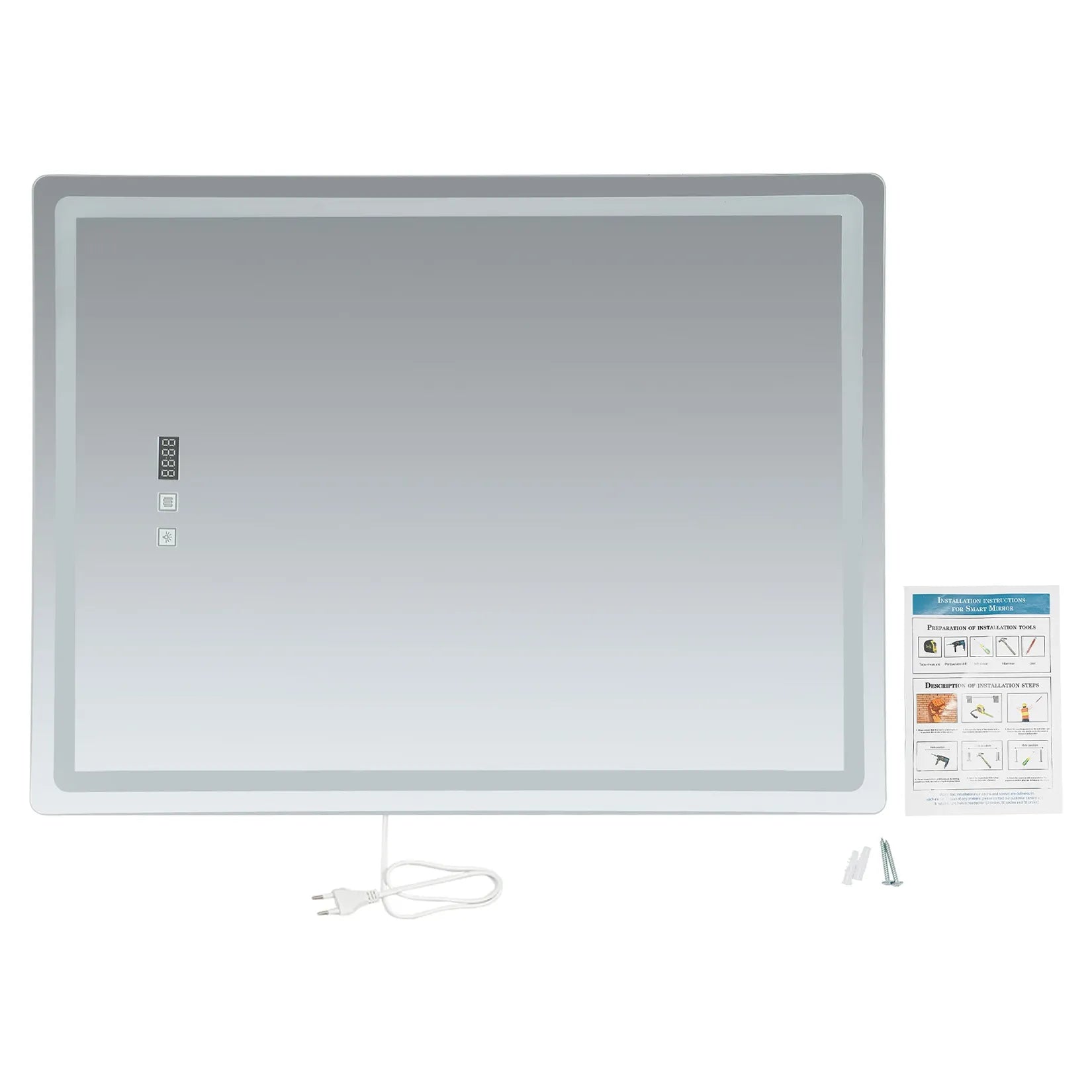 Miroir rectangulaire LED salle de bain – contenu de la boîte et accessoires.