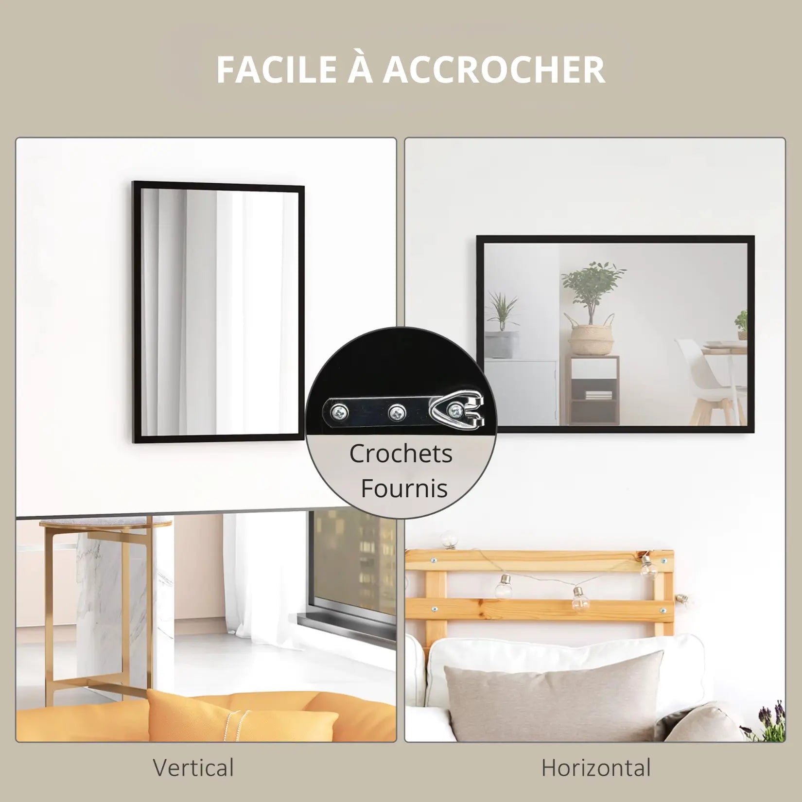 Installation facile miroir rectangulaire noir avec crochets fournis en position verticale ou horizontale