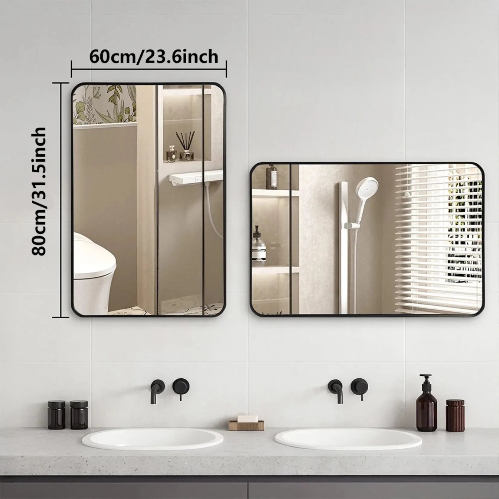 Miroir rectangulaire salle de bain 60x80 cm – dimensions horizontal et vertical.