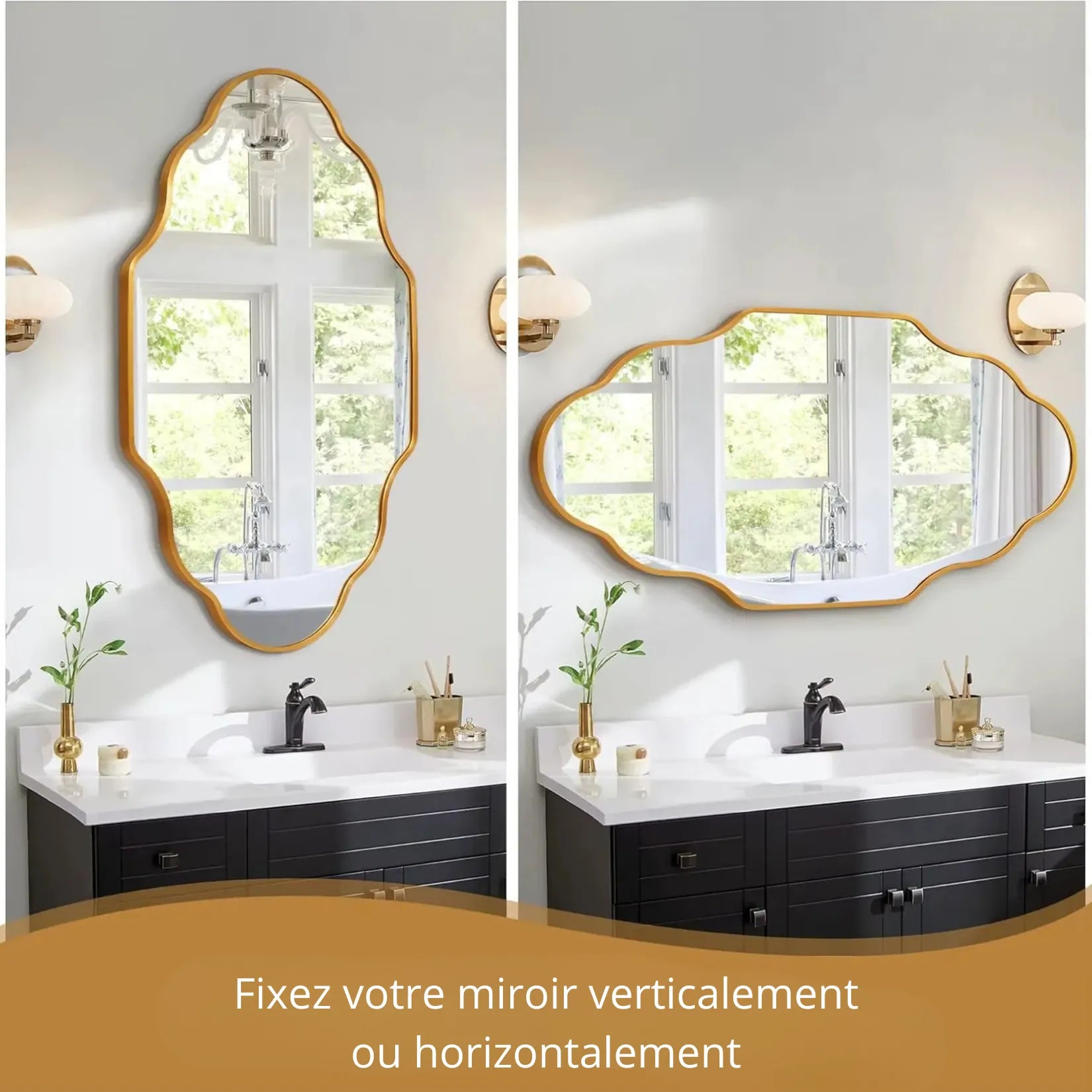 Miroir rétro salle de bain doré posé verticalement et horizontalement.