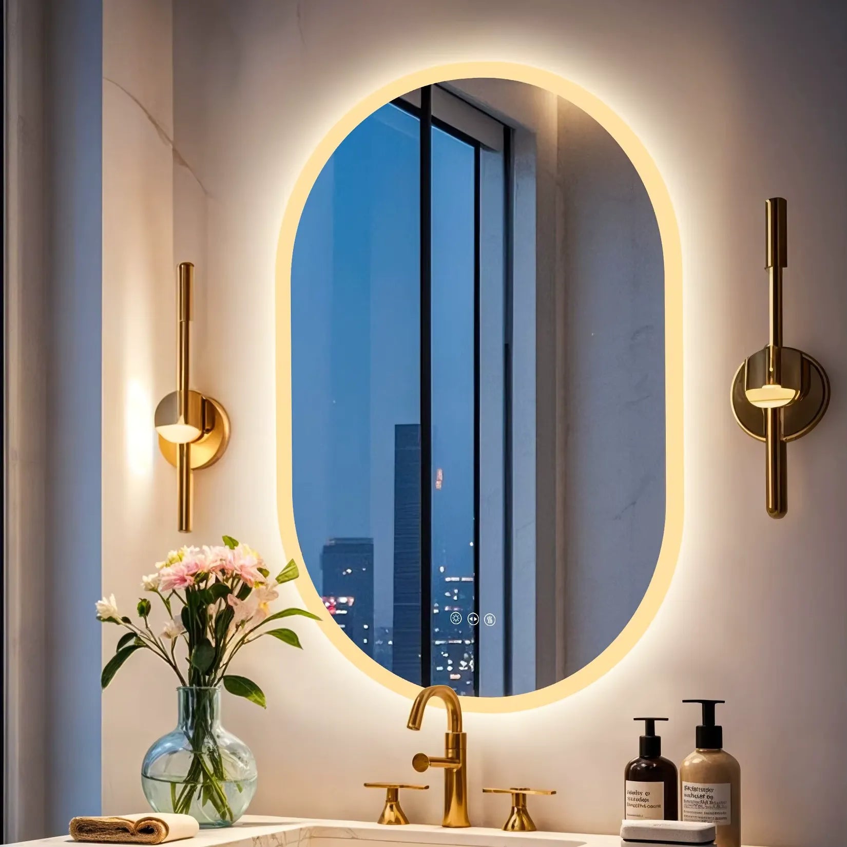 Miroir rétroéclairé ovale LED en salle de bain – Ambiance lumière chaude.