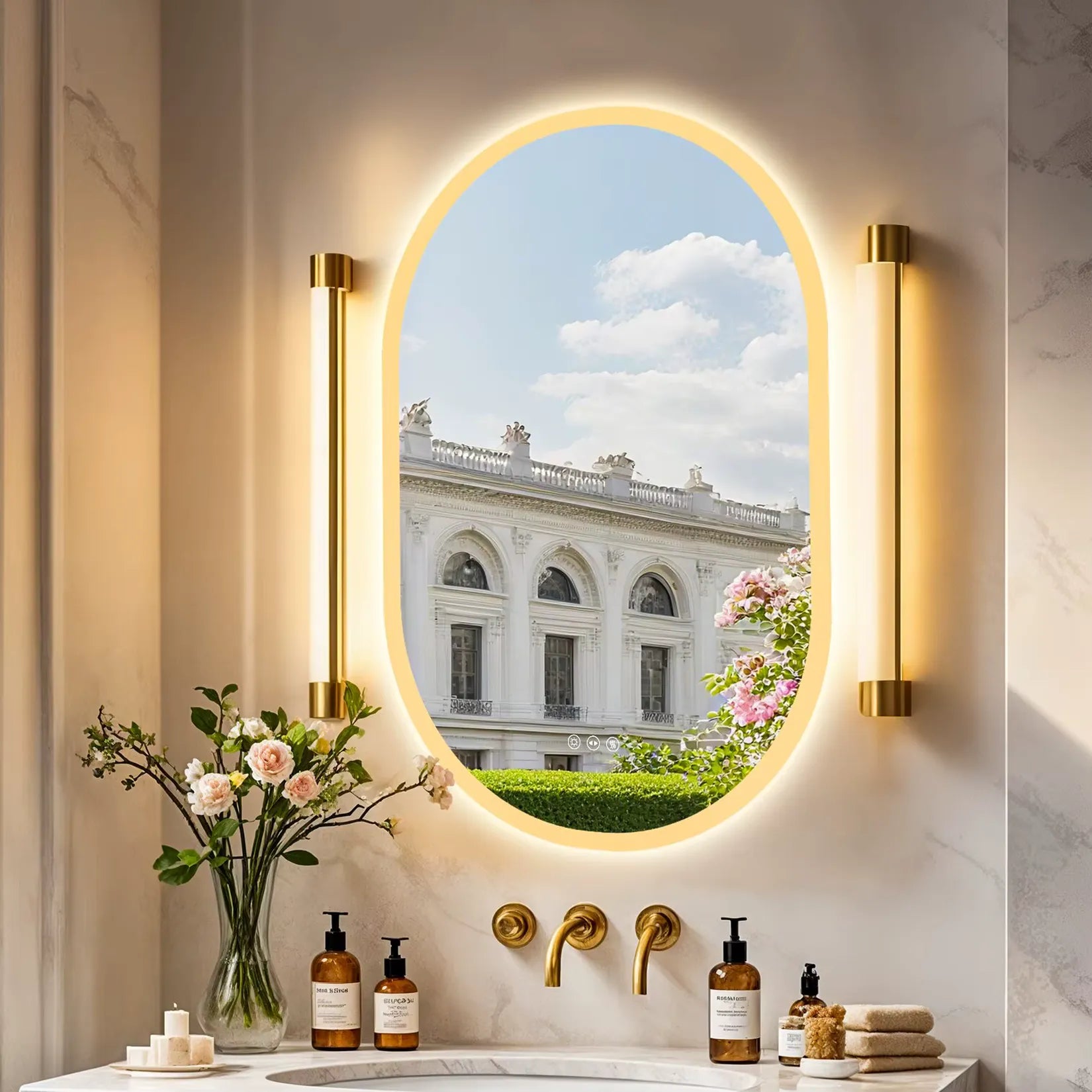 Miroir rétroéclairé ovale – Décoration salle de bain luxe doré.