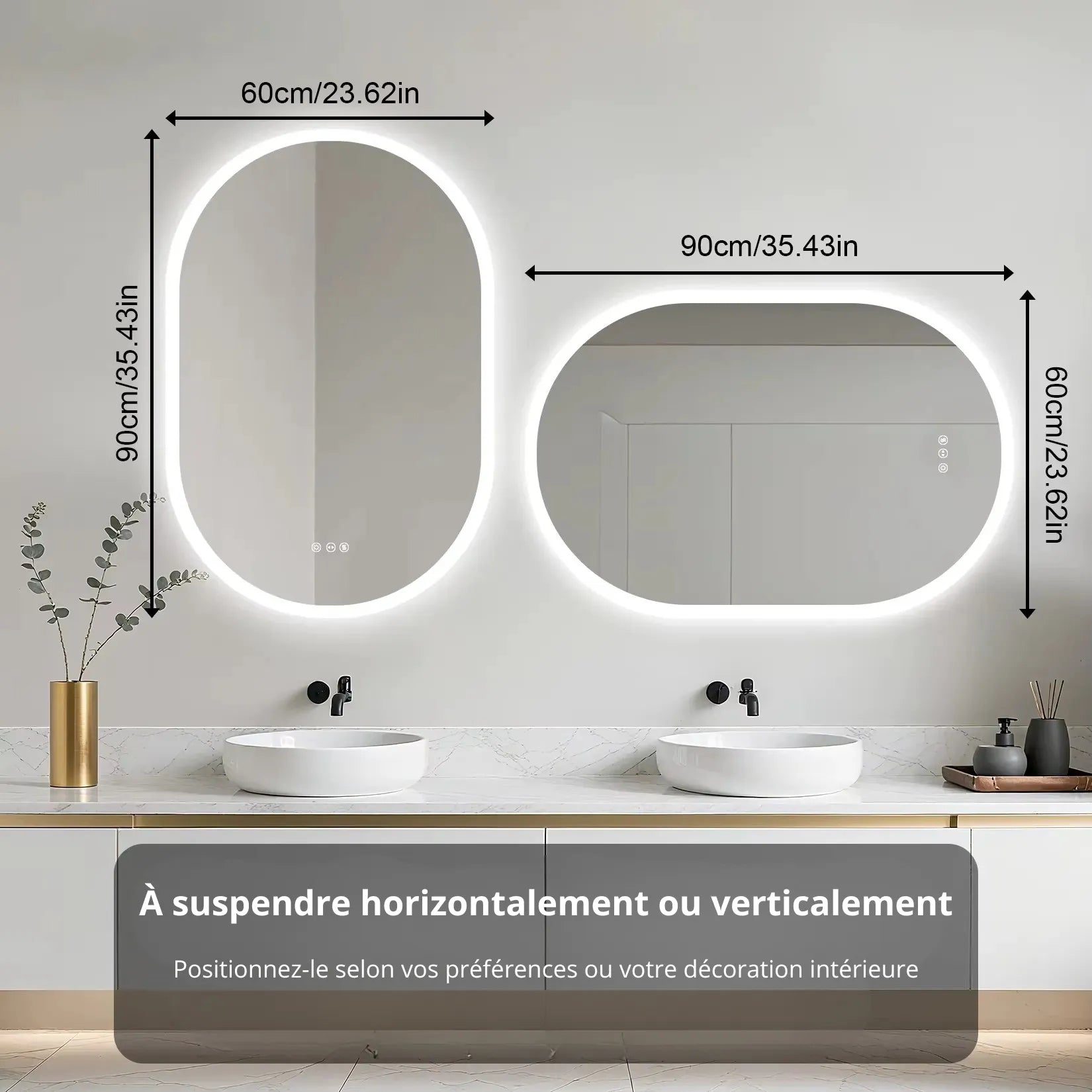 Miroir rétroéclairé ovale 90x60 cm – Orientation portrait et paysage.