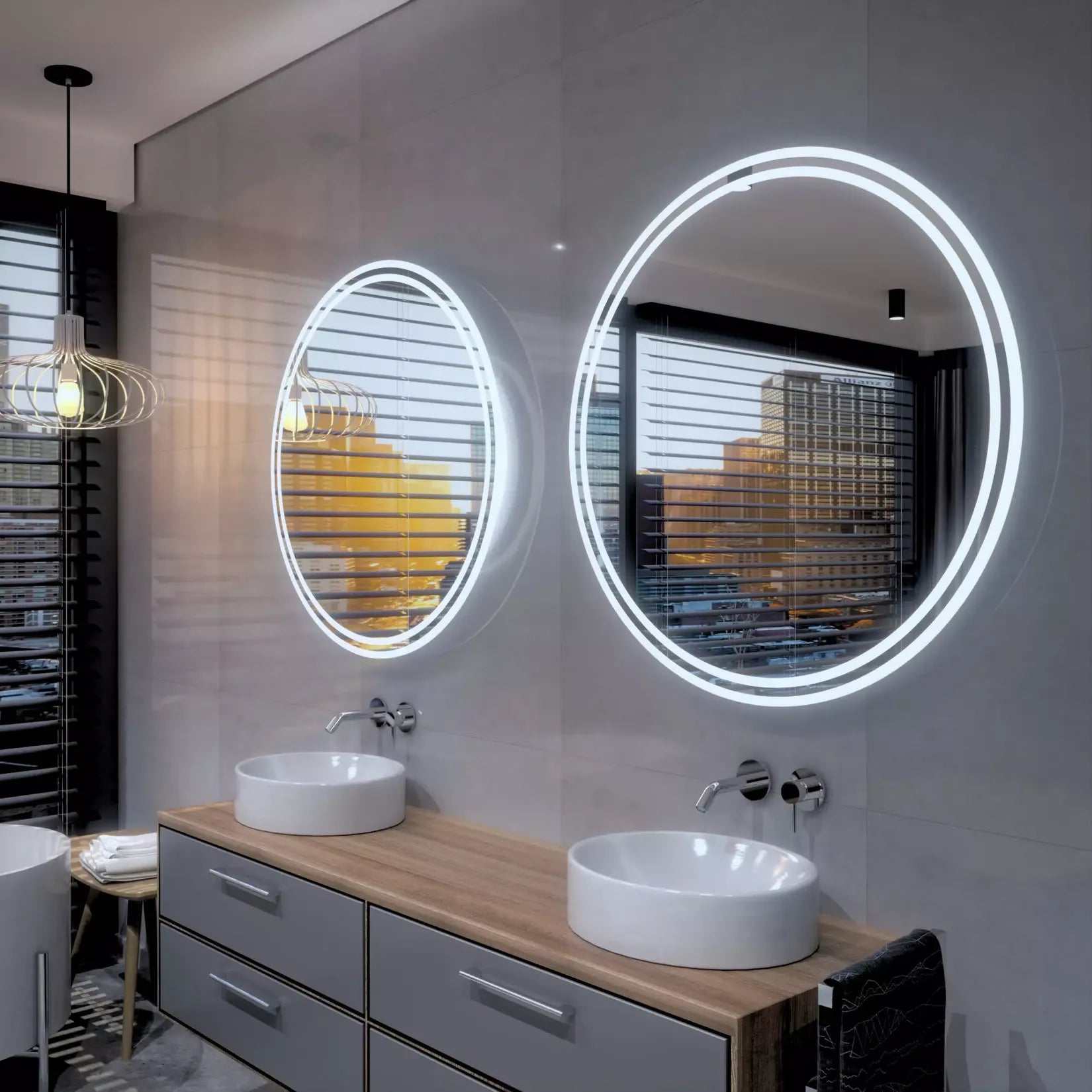 Miroir rond 100 cm LED double anneau au-dessus de double vasque moderne.
