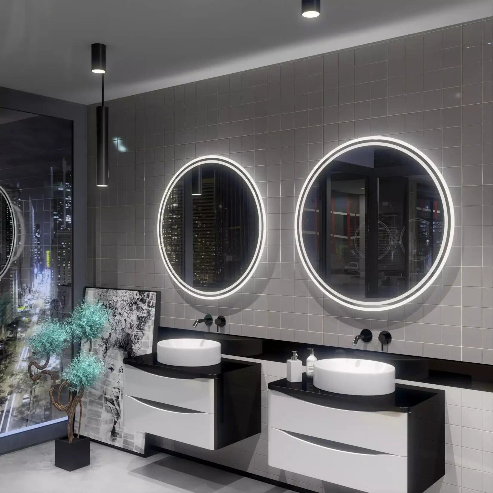 Deux miroirs ronds 100 cm LED dans salle de bain design urbain.