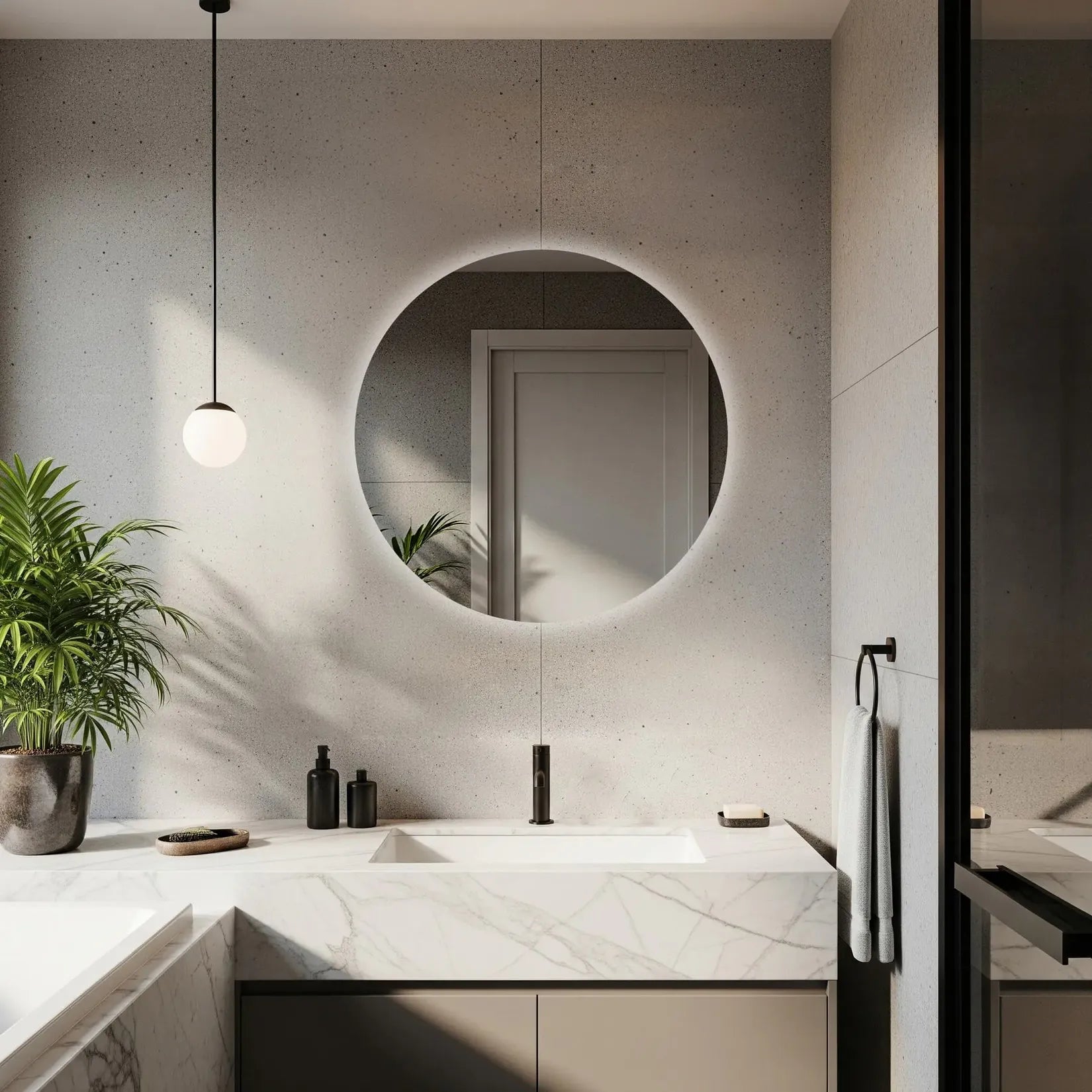 Miroir rond 120 cm LED anti-buée salle de bain marbre blanc moderne.