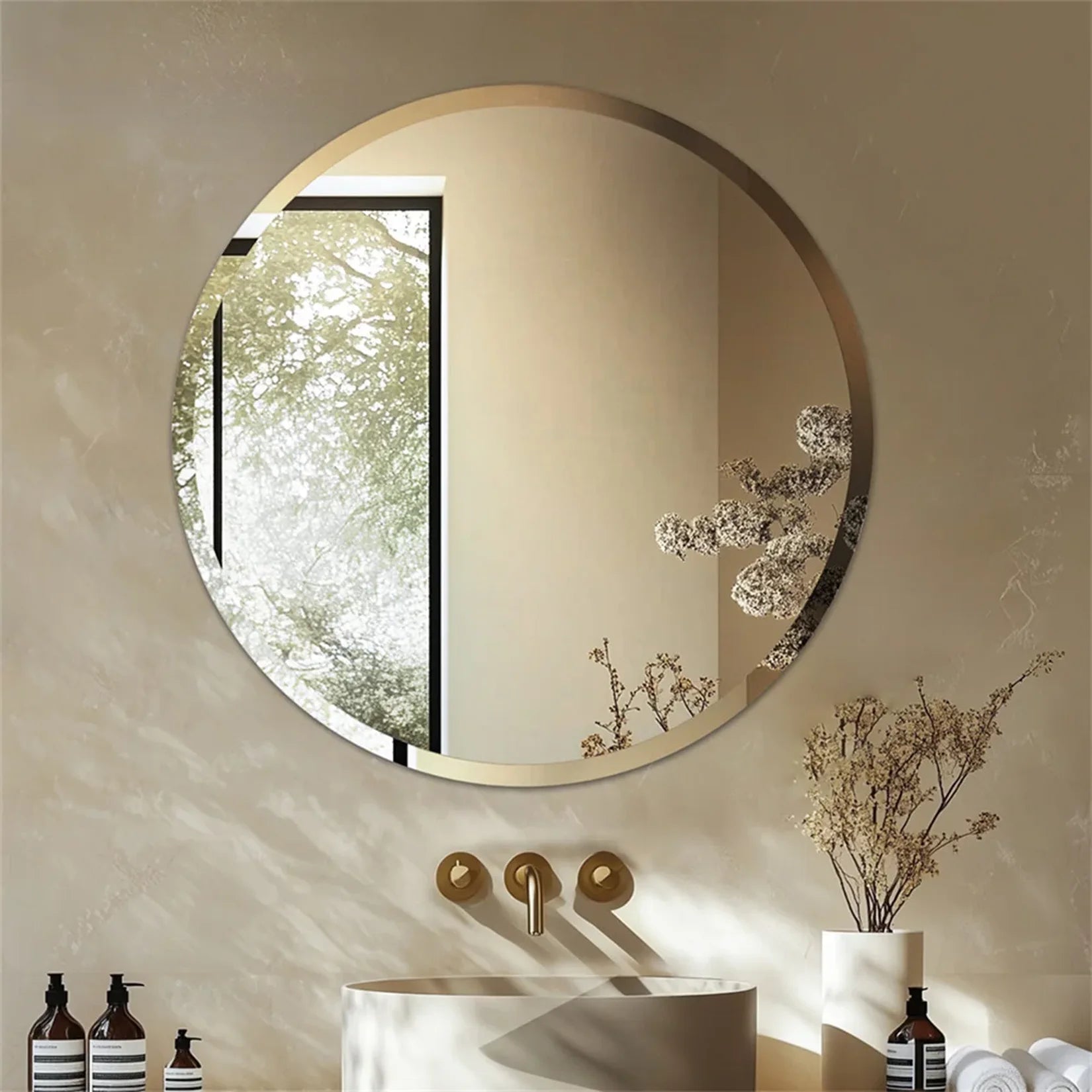 Miroir Rond 60 cm Ambiance Salle de Bain Beige.