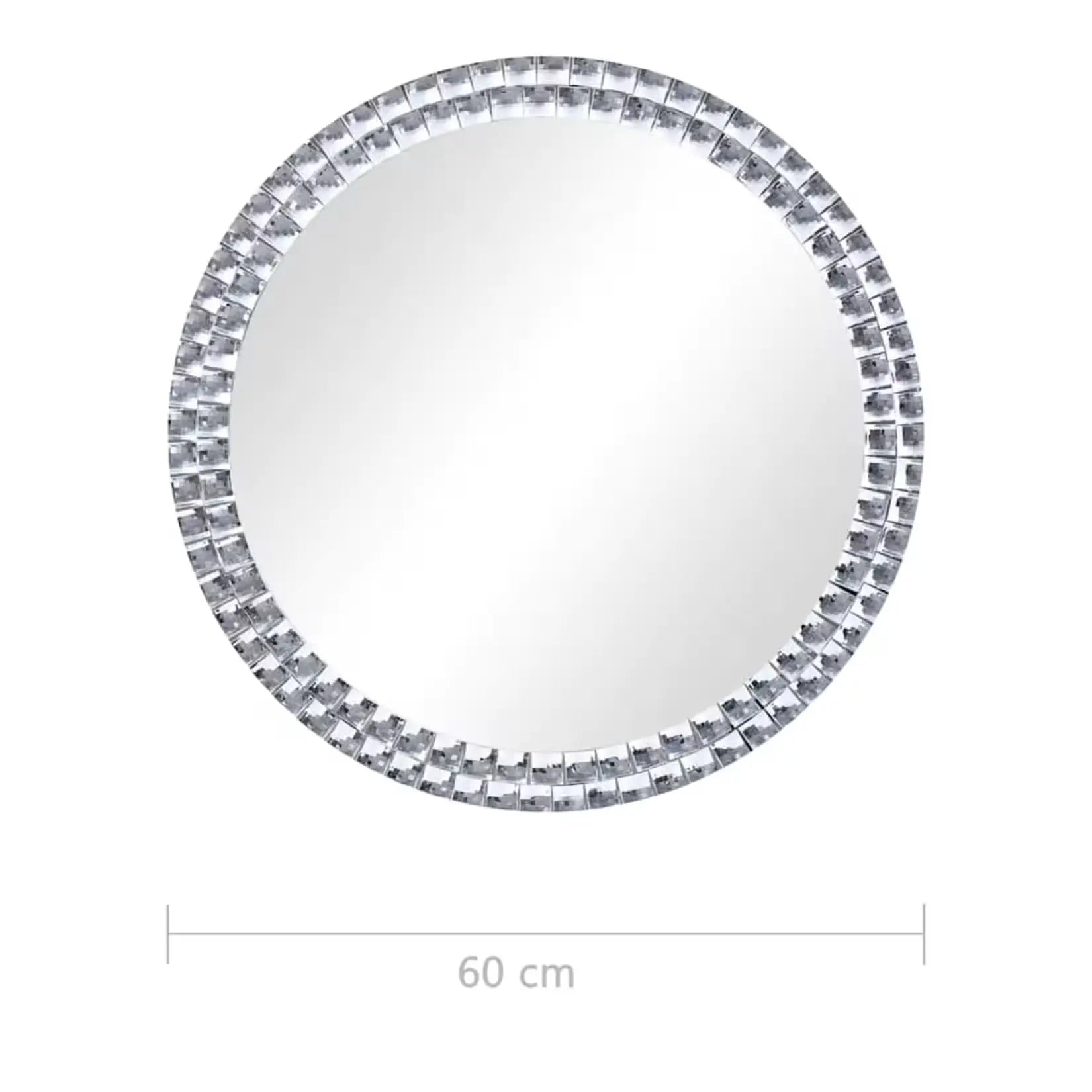 Miroir rond 60 cm avec dimension affichée et contour en verre taillé.