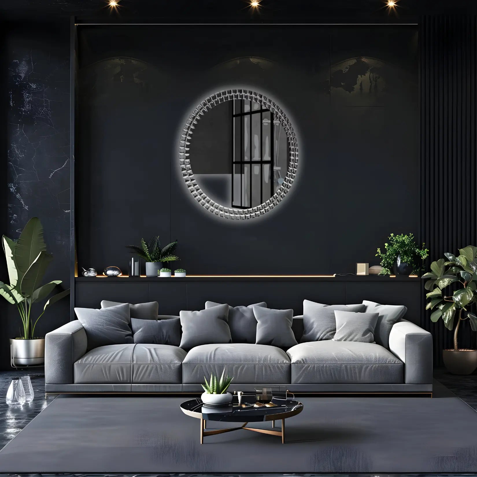 Miroir rond 60 cm accroché dans un salon design aux murs noirs.