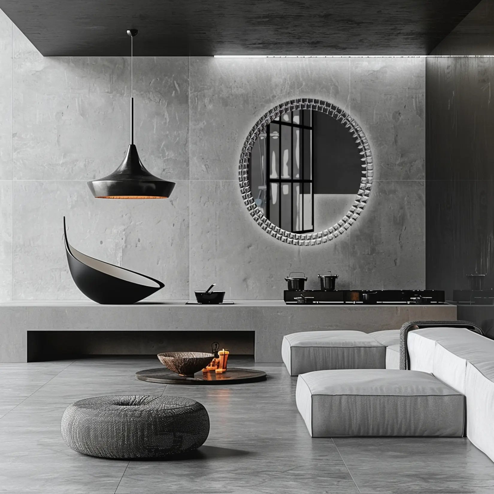 Intérieur contemporain avec miroir rond 60 cm fixé sur mur gris béton.