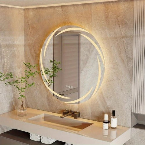 Miroir rond 80 cm antibuée au liseré doré, séance maquillage.