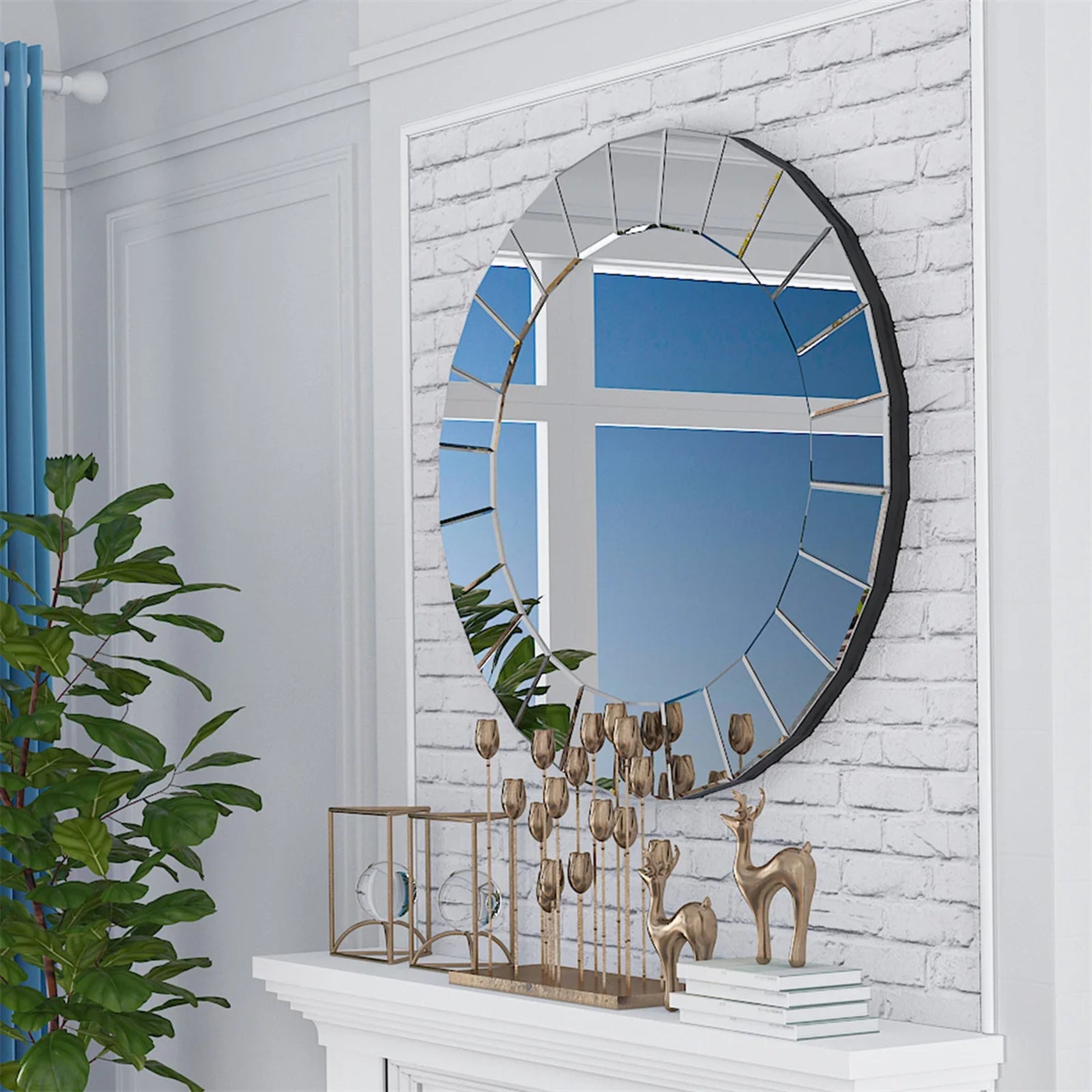 Miroir rond 80 cm sur mur en briques blanches dans un salon lumineux et végétal.