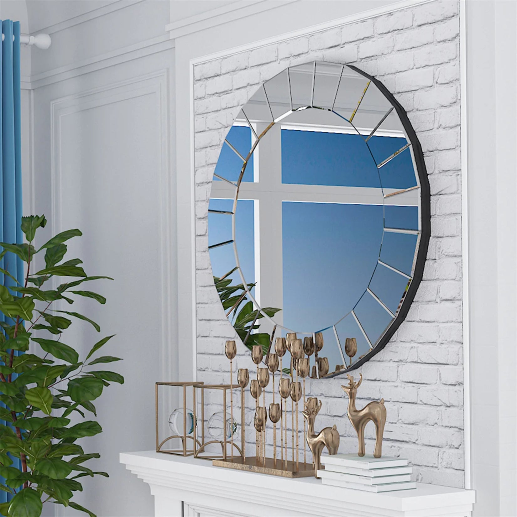 Miroir rond 80 cm sur mur en briques blanches dans un salon lumineux et végétal.