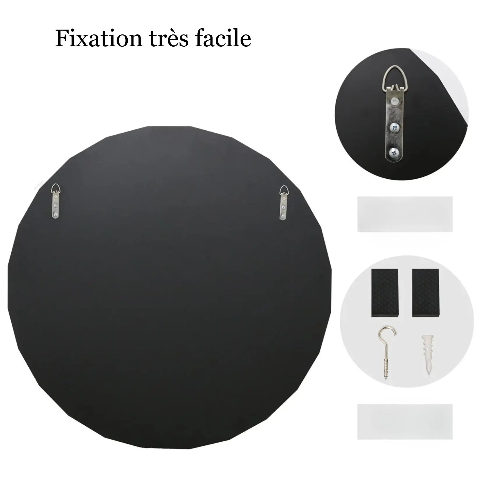 Système de fixation facile au dos du miroir rond 80 cm avec accessoires inclus.