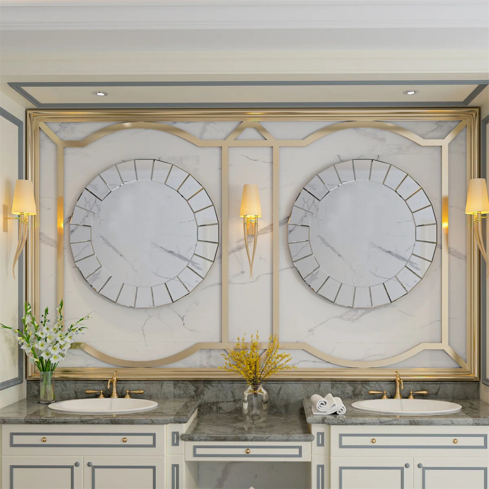 Miroir rond 80 cm fixé au mur dans une salle de bain avec revêtement marbre et dorures.