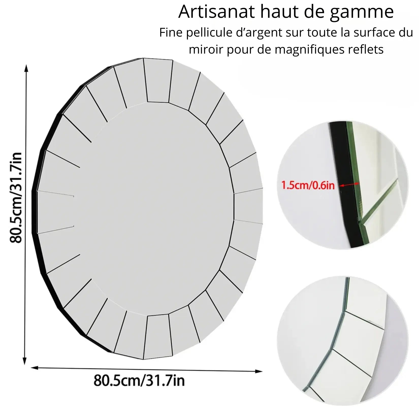 Dimensions précises et détails du miroir rond 80 cm avec bordure design taillée.