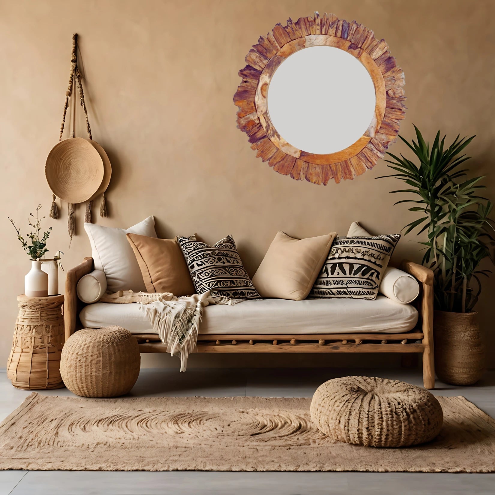 Miroir rond bois flotté intégré dans une décoration de salon naturel avec canapé beige, coussins ethniques et tapis en fibres naturelles.