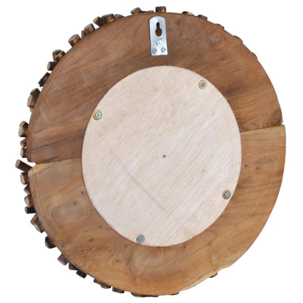 Vue arrière du miroir rond en bois flotté avec accroche murale.