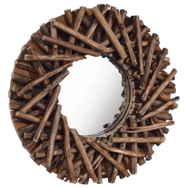 Miroir rond en bois flotté vu de face légèrement en angle.