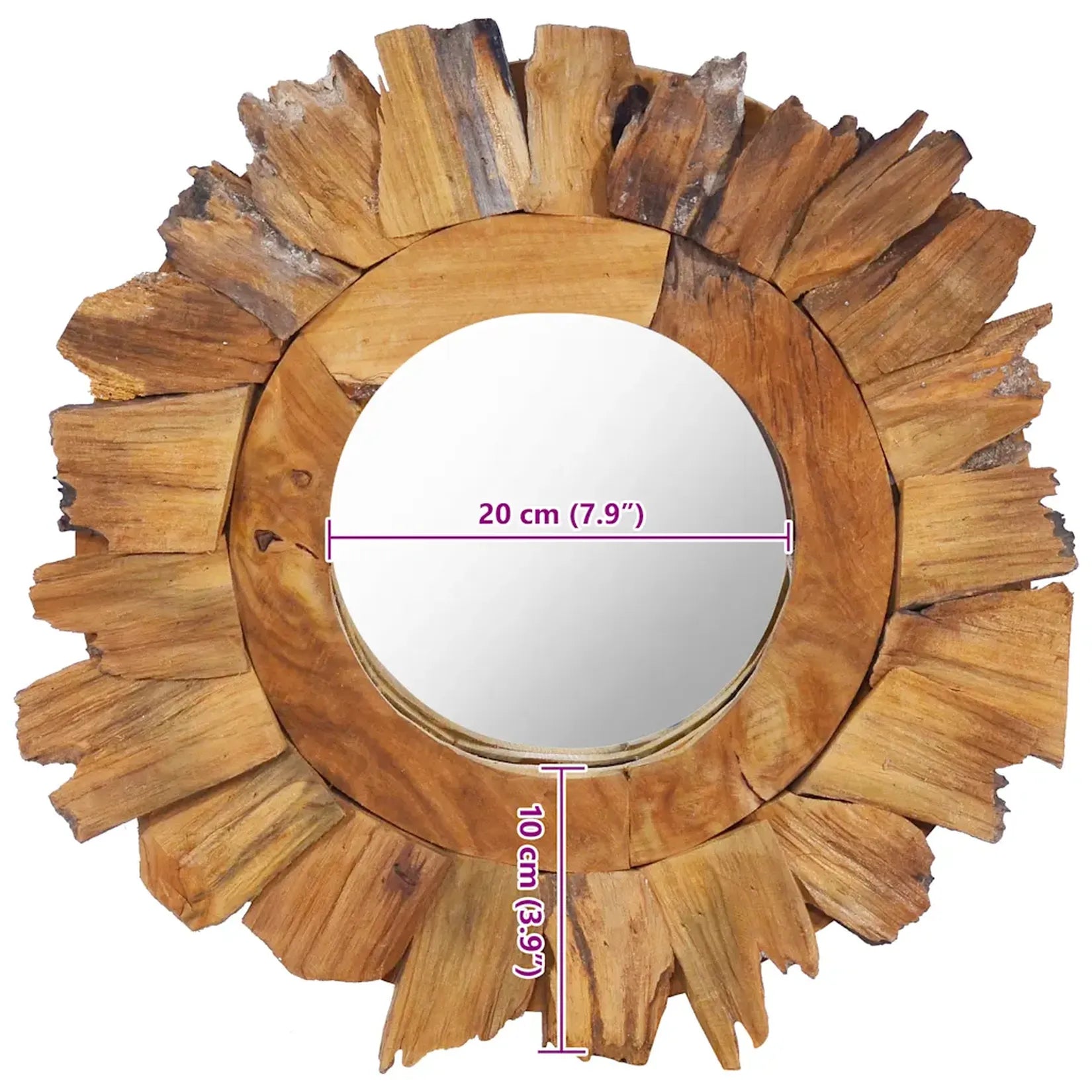 Miroir rond bois flotté 40 cm dimensions cadre pétales soleil en teck.