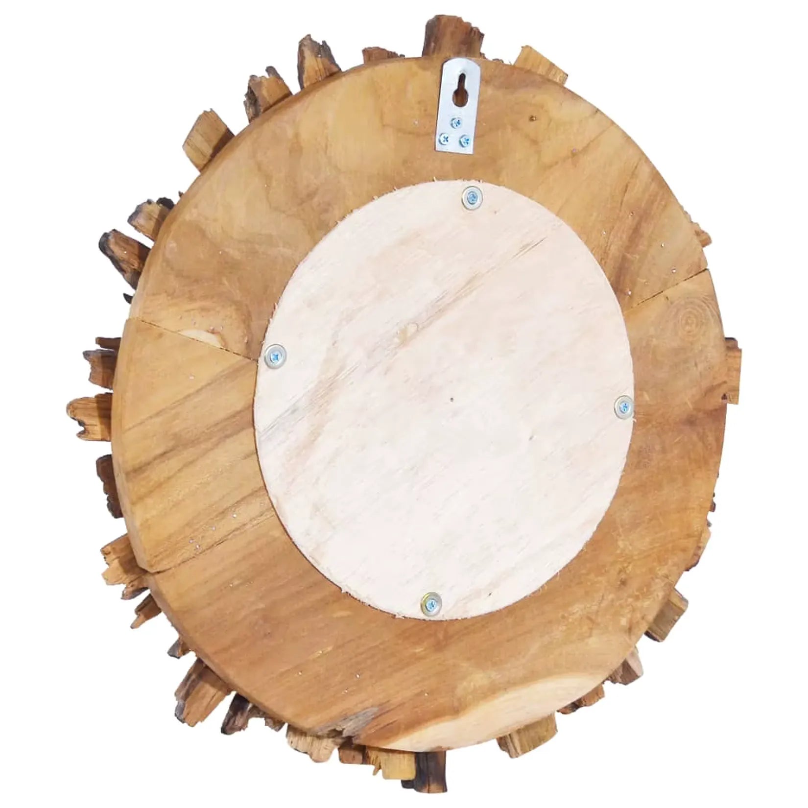 Miroir rond bois flotté vue arrière crochet de fixation et teck massif.