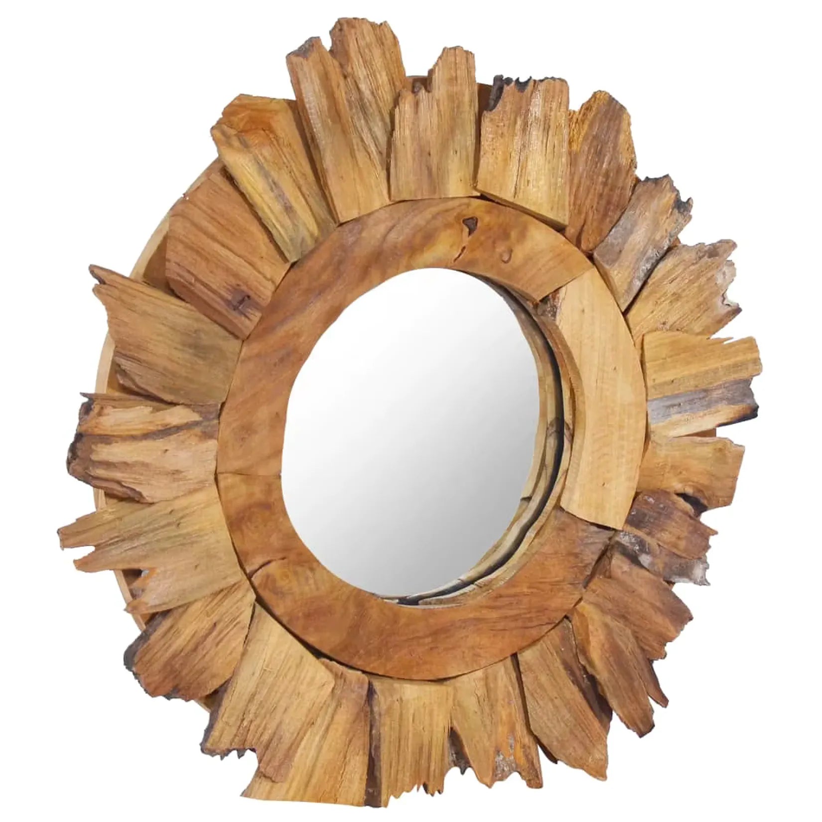 Miroir rond bois flotté 40 cm vue trois quarts pétales soleil teck.