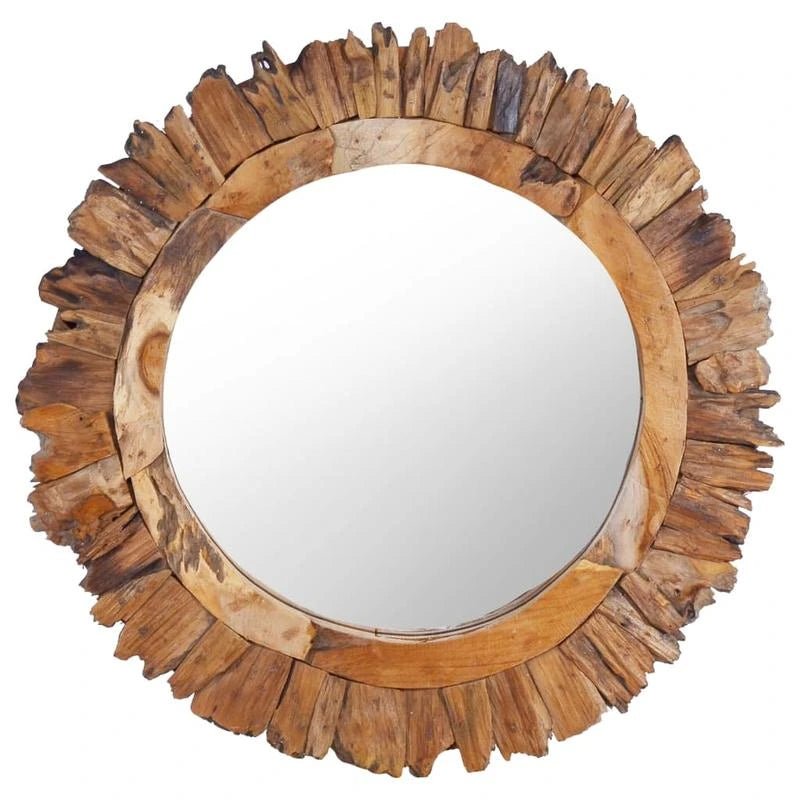 Miroir rond en bois flotté vu de face, isolé sur fond blanc pour bien voir les finitions.
