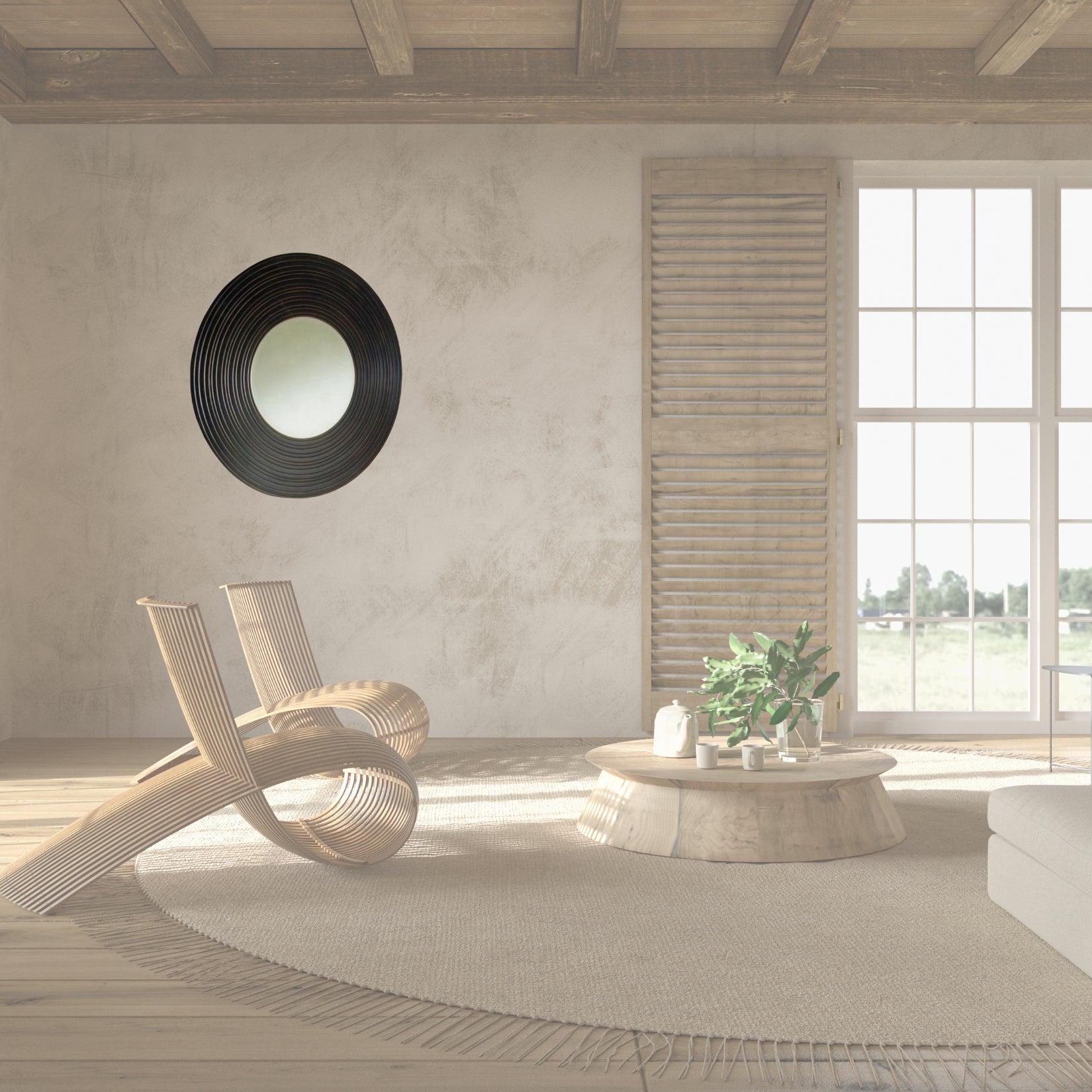 Miroir rond en bois d’essence d’or brun de 82 cm, intégré dans un intérieur chaleureux et naturel pour sublimer l’espace.