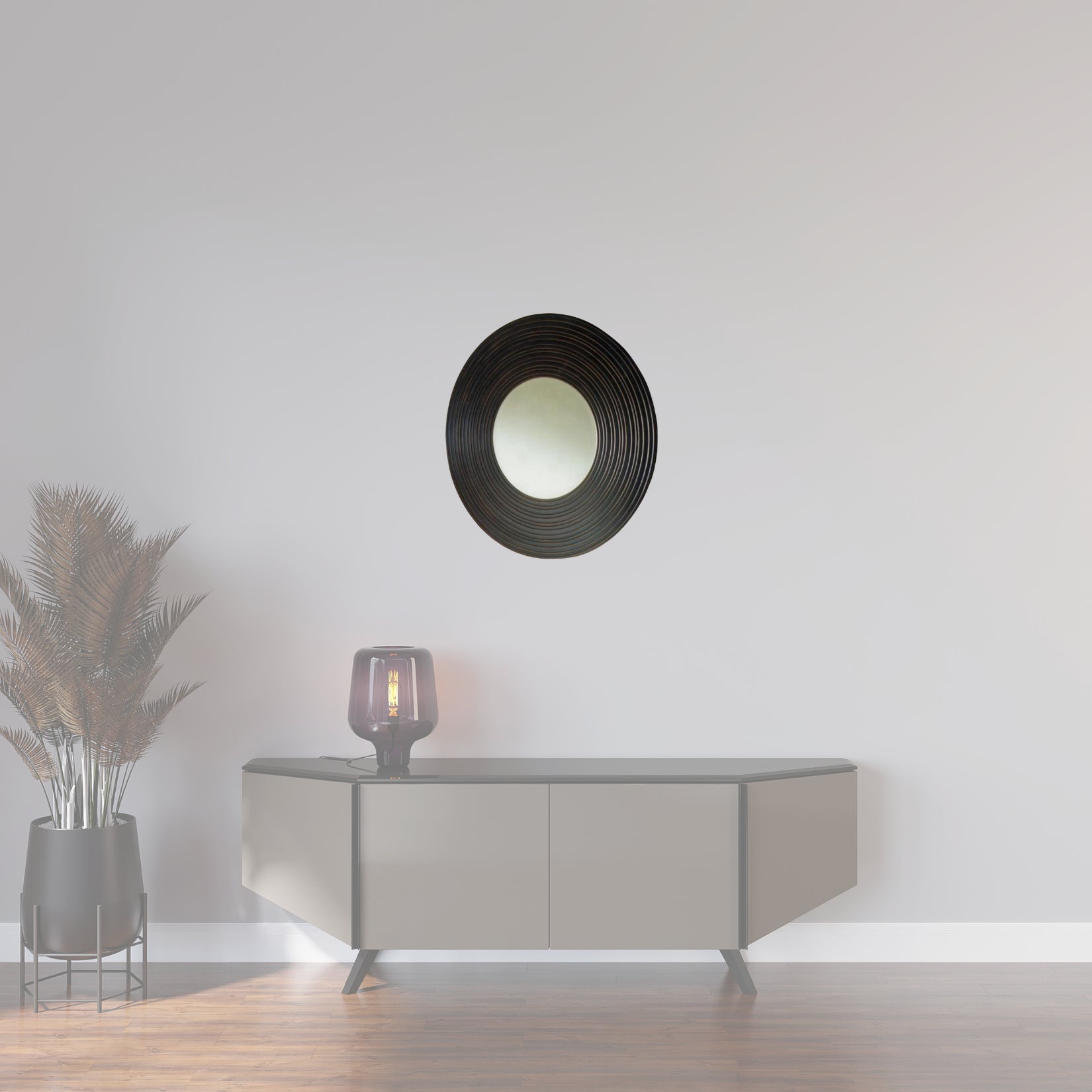 Miroir rond en bois d’essence d’or brun de 82 cm, installé dans une salle à manger moderne, alliant élégance et sobriété.