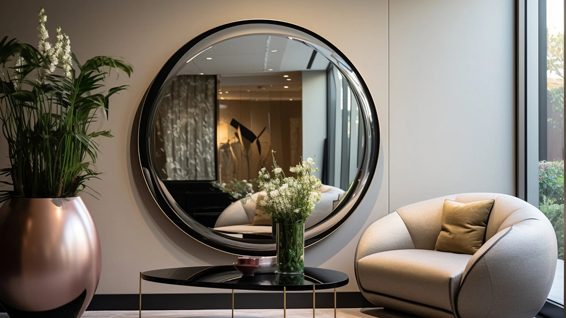 Miroir rond contemporain avec un cadre noir élégant, situé dans un intérieur aux lignes épurées et modernes. Le miroir apporte une touche de raffinement et de style à l'espace