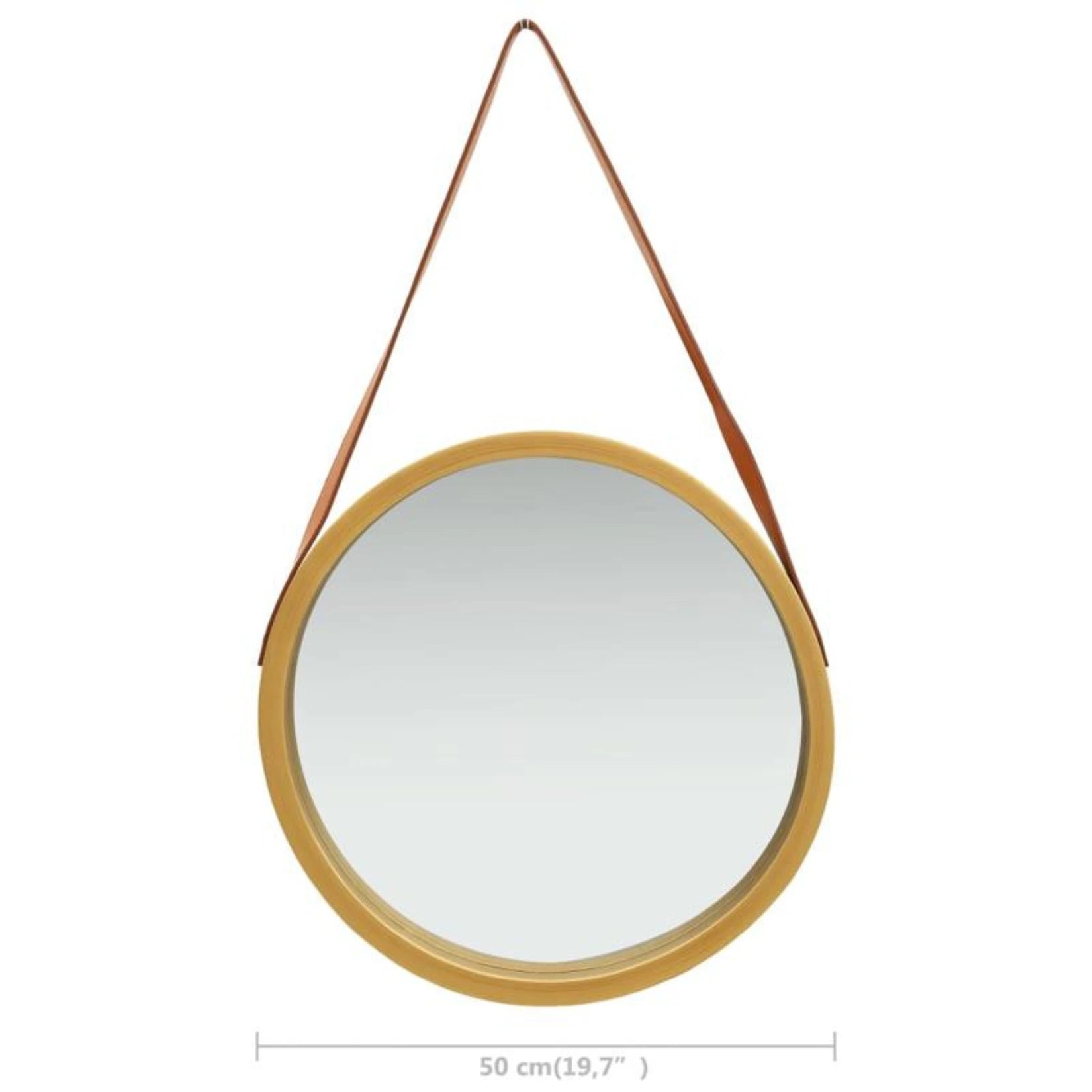 Miroir rond de 50 cm au contour bois suspendu par une sangle marron, vue de face.