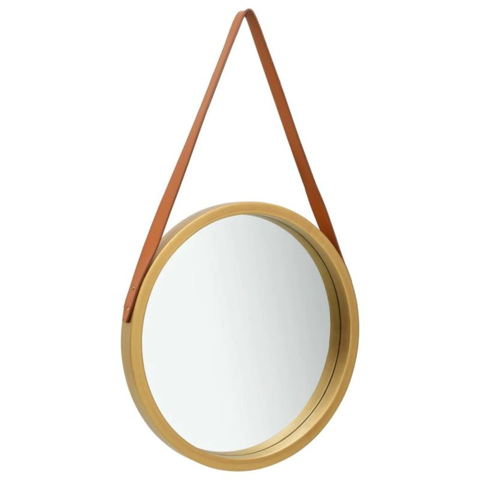 Miroir rond au contour bois doré suspendu, aperçu de l’épaisseur et de l’inclinaison.