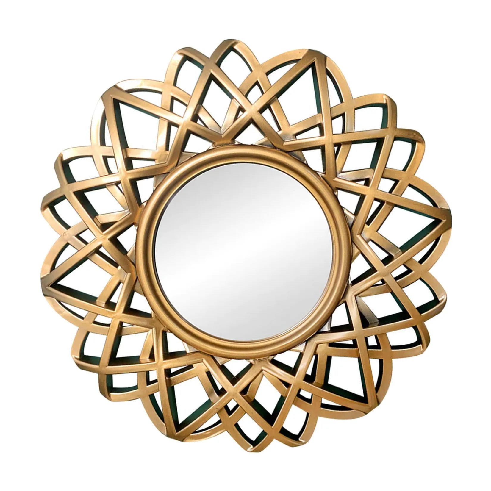Zoom sur le cadre ajouré doré d’un miroir rond design en polypropylène.