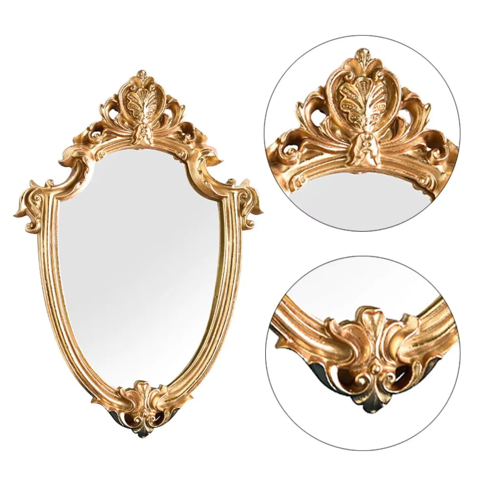 Détails du cadre du miroir rond doré au design baroque.